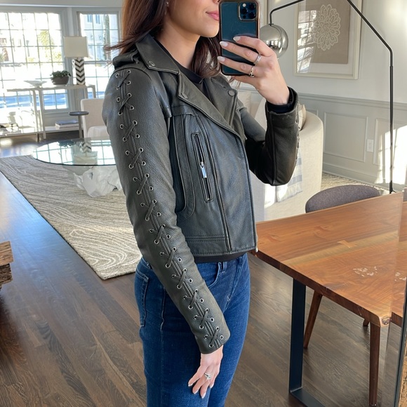 BCBG MaxAzria Genuine Leather Olive Coat with Lace Up XXS - Picture 3 of 16